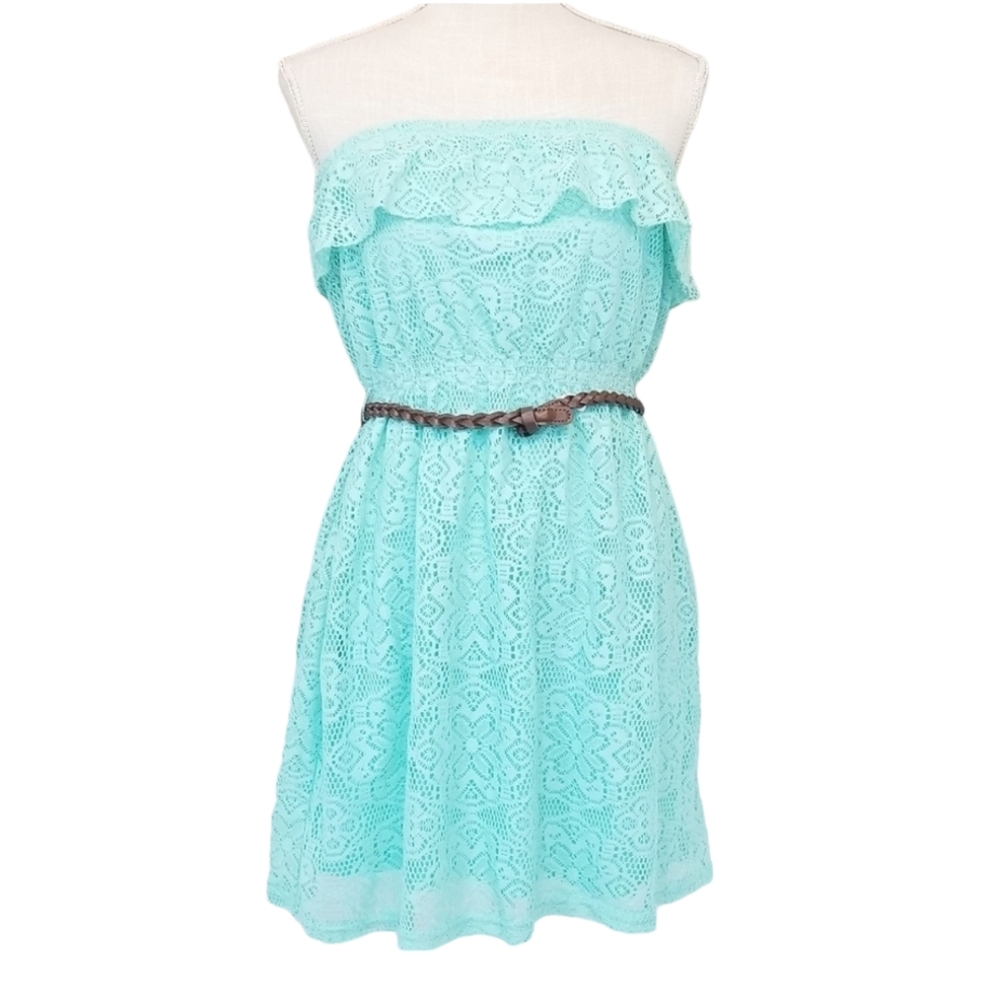 No Boundries Mint Blue Green Faux Leather Belted Sleeveless Lace Dress